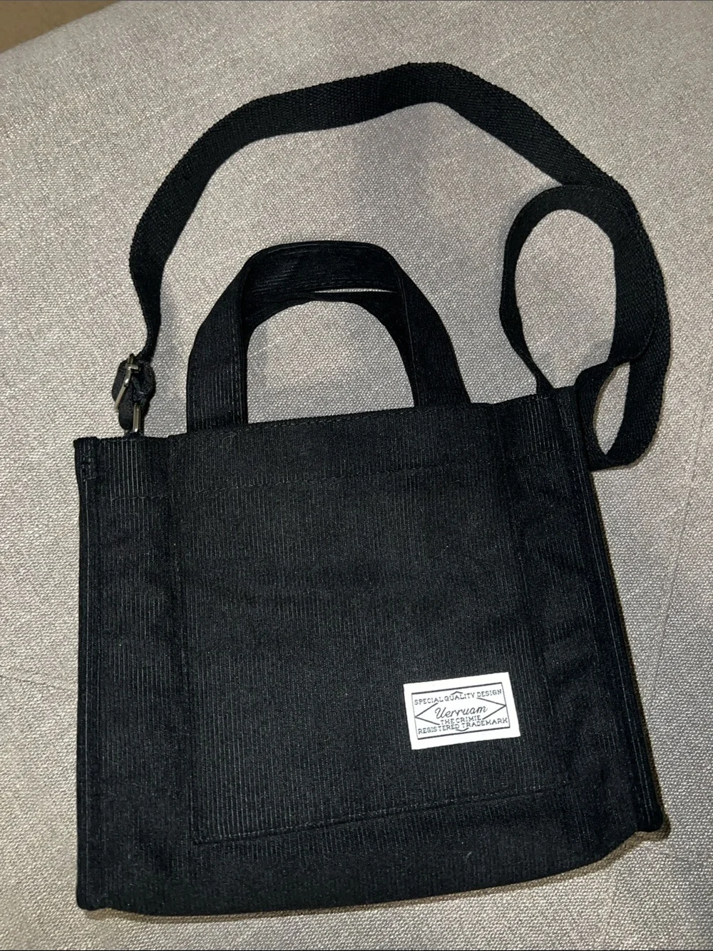 Black Corduroy Crossbody Tote Bag with Front Patch - Uerruam